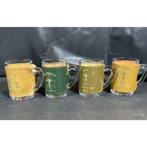 Leather Wrapped Mug Souvenir Shot Glasses - Toothpick Holder - Canada Set Of 4 - Picture 1 of 12
